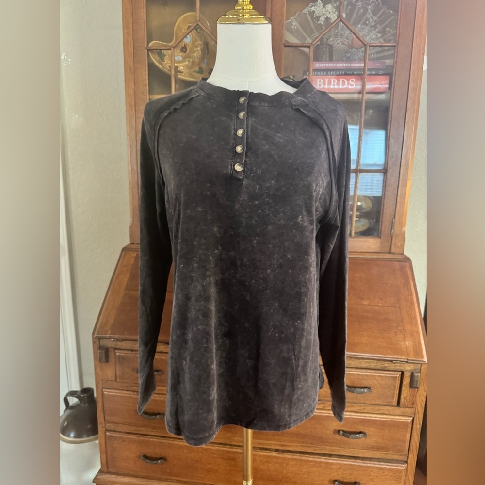 Long Sleeve Mineral Wash Dark Grey Henley Shirt